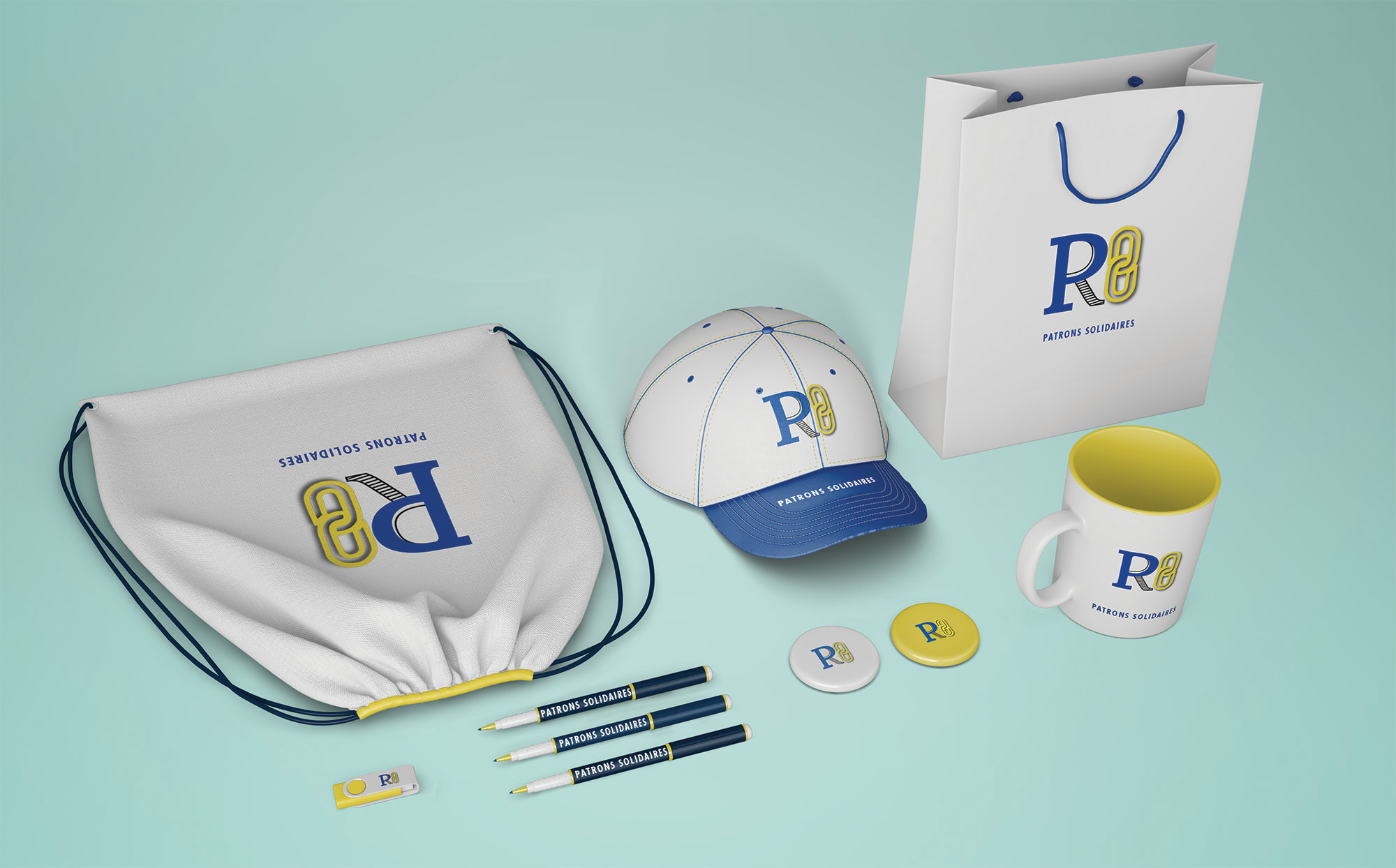 logo sur mockup bleu et jaune
