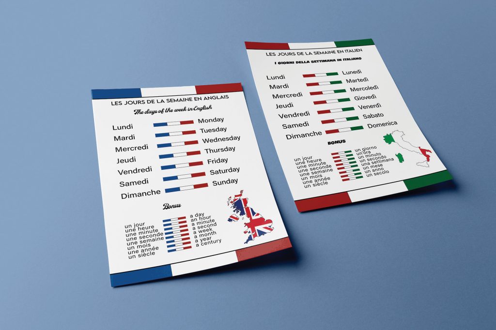 Fiches pour apprendre les langues anglais et italien réalisées par royaumedudesign.com